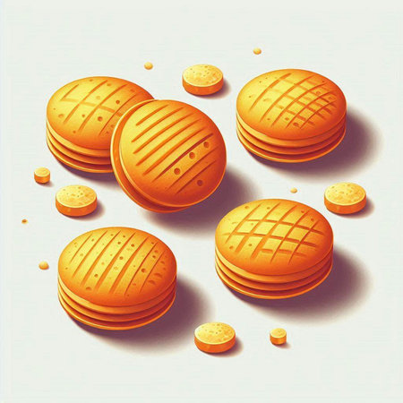 Illustration of a stack of round cookies on a white background.