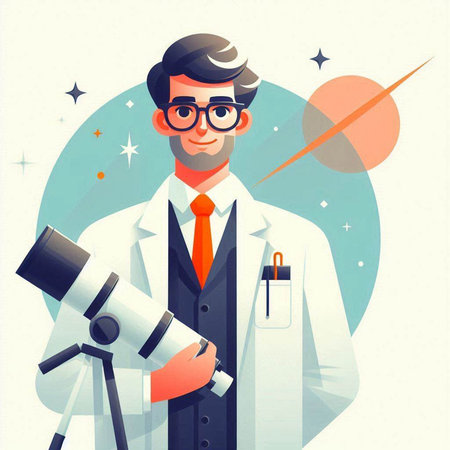 Scientist with telescope. Vector illustration in flat style. Cartoon character.