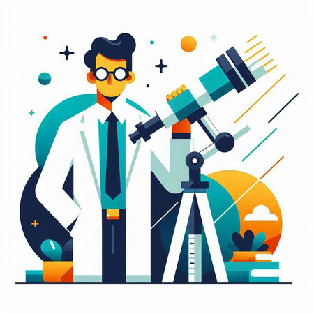 Scientist looking through a telescope. Vector illustration in flat style.