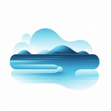 Illustration of a blue abstract background with a lake and a cloud
