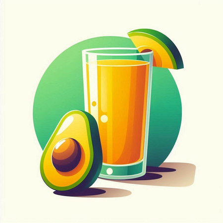 Vector illustration of a glass of fresh juice with avocado and lime.