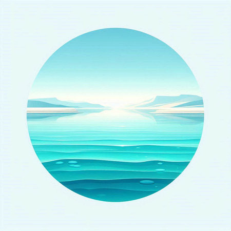 Sea landscape with a round frame in the form of a circle. Vector illustration.の写真素材