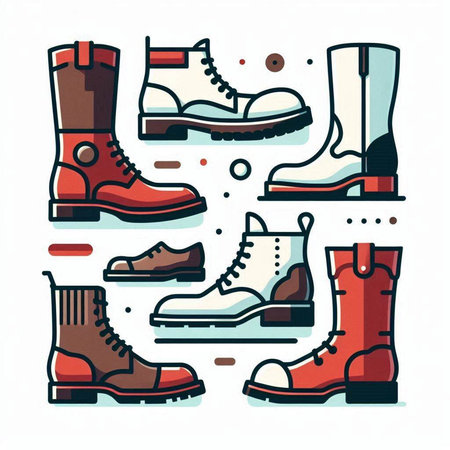 Vector illustration of a set of different types of boots and boots.