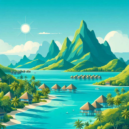 Beautiful island with palm trees and bungalows. Vector illustration.