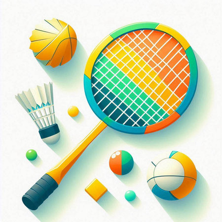 Vector illustration of tennis racket, ball, badminton racket and shuttlecock