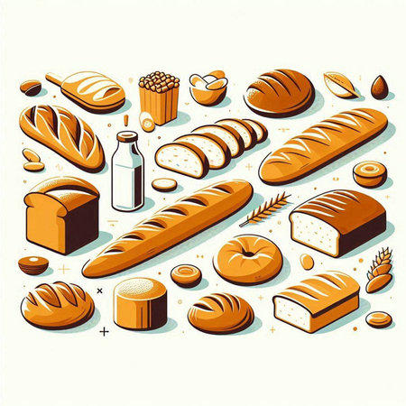 Bread isometric icons set with different types of bread vector illustrationの写真素材