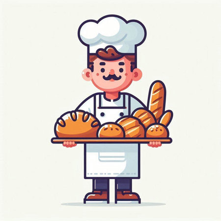 Cartoon chef holding a tray of fresh bread. Vector illustration.