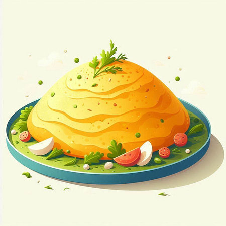 Illustration of a delicious omelette with vegetables on a plate