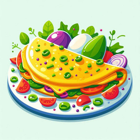 Illustration of omelette with vegetables and eggs on plate.