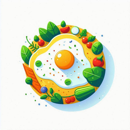 Fried egg with vegetables and herbs. Vector illustration in cartoon style.