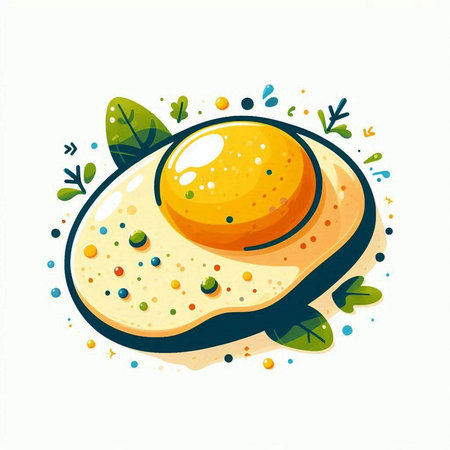 Fried egg on a plate with green leaves. Vector illustration.