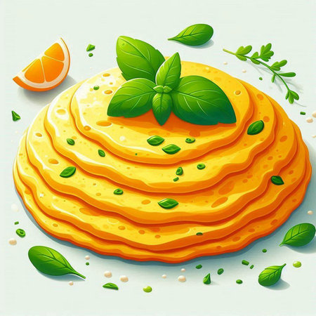 Illustration of a stack of yellow pancakes with basil leaves and orangeの写真素材
