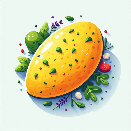 Illustration of a mango with vegetables and herbs on a white backgroundの写真素材