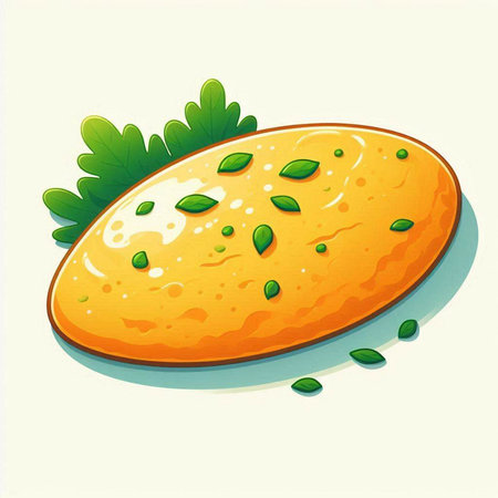 Illustration of an omelet with parsley on a white backgroundの写真素材