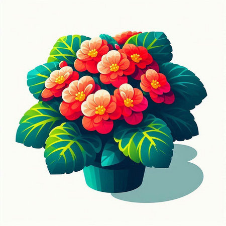 Flowerpot with red and yellow begonia flowers. Vector illustration.の写真素材
