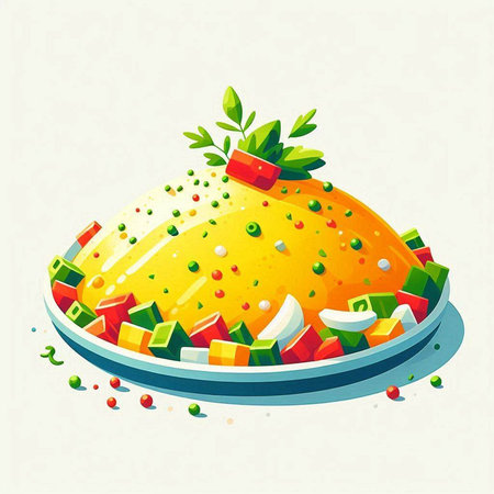 Omelet with vegetables and greens on a plate. Vector illustration.