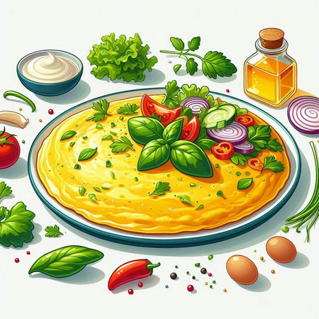 Omelette with herbs and spices on a plate. Vector illustration