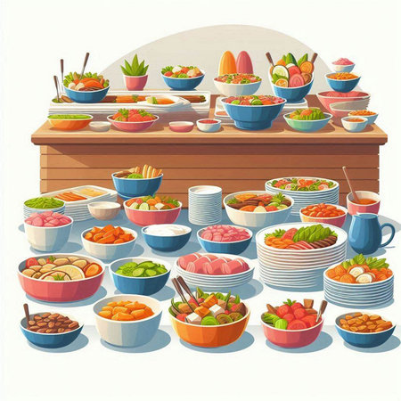 Illustration of a set of different dishes on a wooden table.