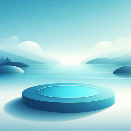 Illustration of blue abstract background with round podium and mountain landscape.の写真素材
