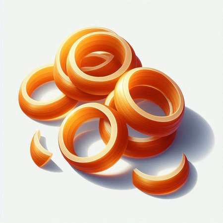 3d rendering of a pile of orange rings on a white backgroundの写真素材