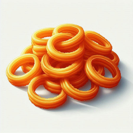 Illustration of a pile of orange rings on a white background.の写真素材