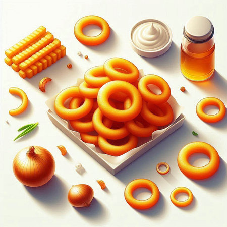 3d illustration of onion rings with mayonnaise and mayonnaiseの写真素材