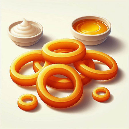 3d illustration of orange rings with mayonnaise on white backgroundの写真素材