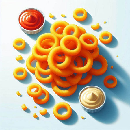 Pasta rings with ketchup on blue background. Top view.の写真素材