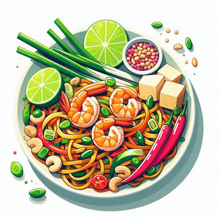 Noodles with shrimps and vegetables in a bowl. Vector illustration.の写真素材