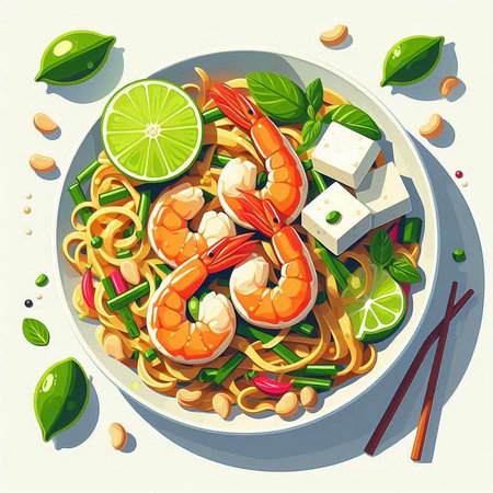 Noodles with shrimps and vegetables. Vector illustration.