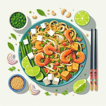 Noodles with shrimps and vegetables in bowl. Vector illustration
