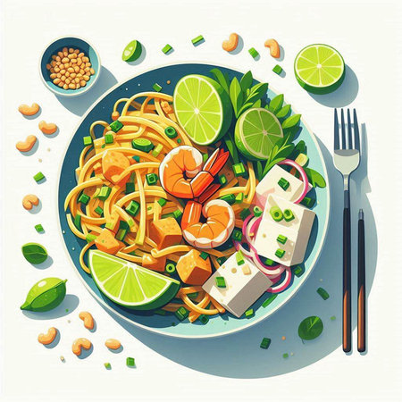 Noodles with shrimps, lime and vegetables. Vector illustration.の写真素材