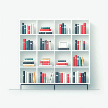 Bookshelf with books on the white wall. Vector illustration.