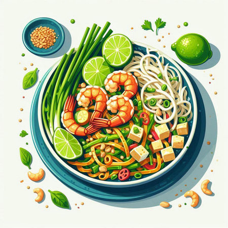 Noodles with shrimps and vegetables in bowl. Vector illustration.の写真素材