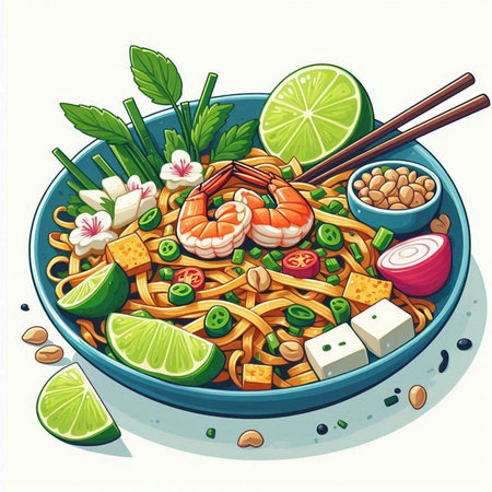 Noodles with shrimps and vegetables in bowl. Vector illustration.