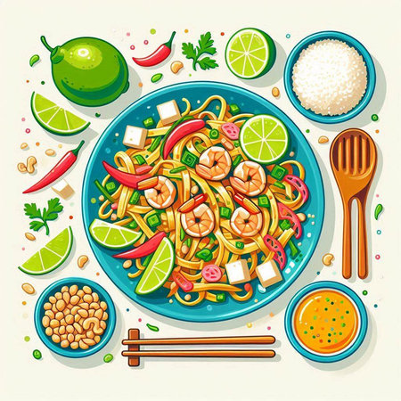 Illustration of a bowl of noodles with shrimps and vegetablesの写真素材