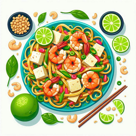 Noodles with shrimps and vegetables. Vector illustration.の写真素材
