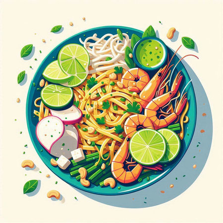 Noodles with shrimps and lime. Vector illustration.の写真素材