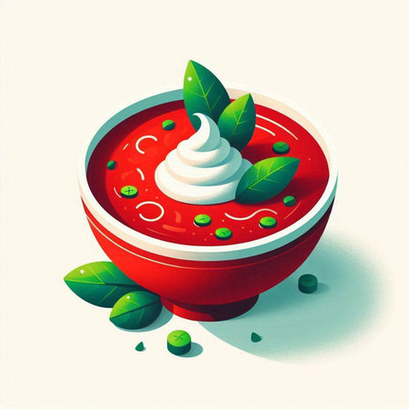 Illustration of a bowl of tomato soup with sour cream and green leavesの写真素材