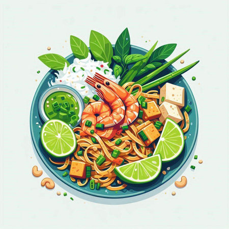 Noodles with shrimps and vegetables. Vector illustration.の写真素材