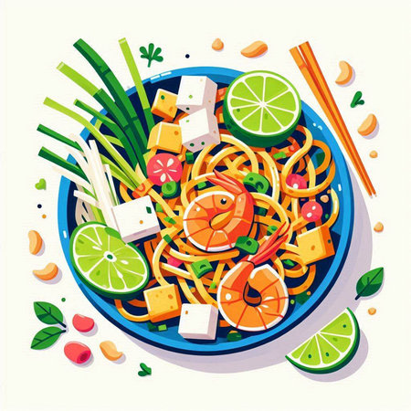 Noodles with shrimp and vegetables in a bowl. Vector illustrationの写真素材