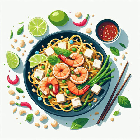Noodles with shrimps, lime and vegetables. Vector illustration.の写真素材