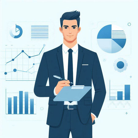 Businessman with clipboard and pen. Vector illustration in flat style.の写真素材