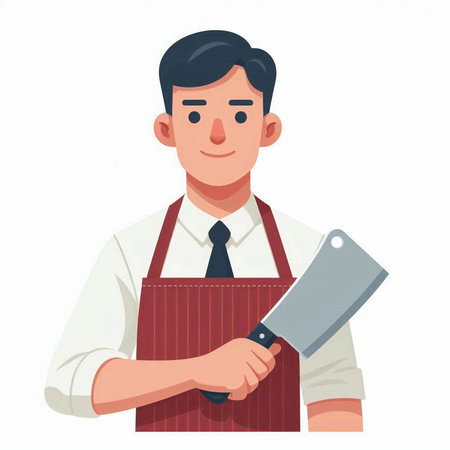 Handsome man in apron holding a meat cleaver. Vector illustrationの写真素材