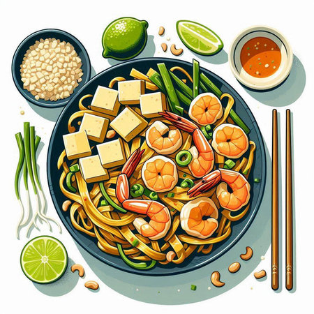 Noodles with shrimps, prawns, tofu and sesame seeds. Vector illustrationの写真素材