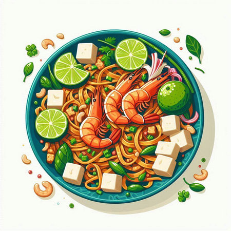 Noodles with shrimps in a plate. Vector illustration.の写真素材