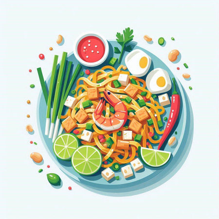 Noodles with shrimps, eggs and vegetables. Vector illustration.の写真素材