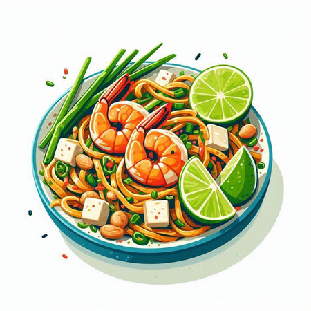 Fried noodle with shrimp, lime and green onion. Hand drawn vector illustration.