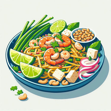 Illustration of a noodle dish with shrimps and vegetables