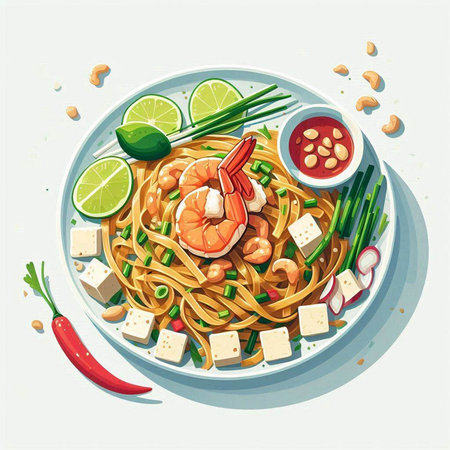 Noodles with prawns and vegetables. Vector illustration.